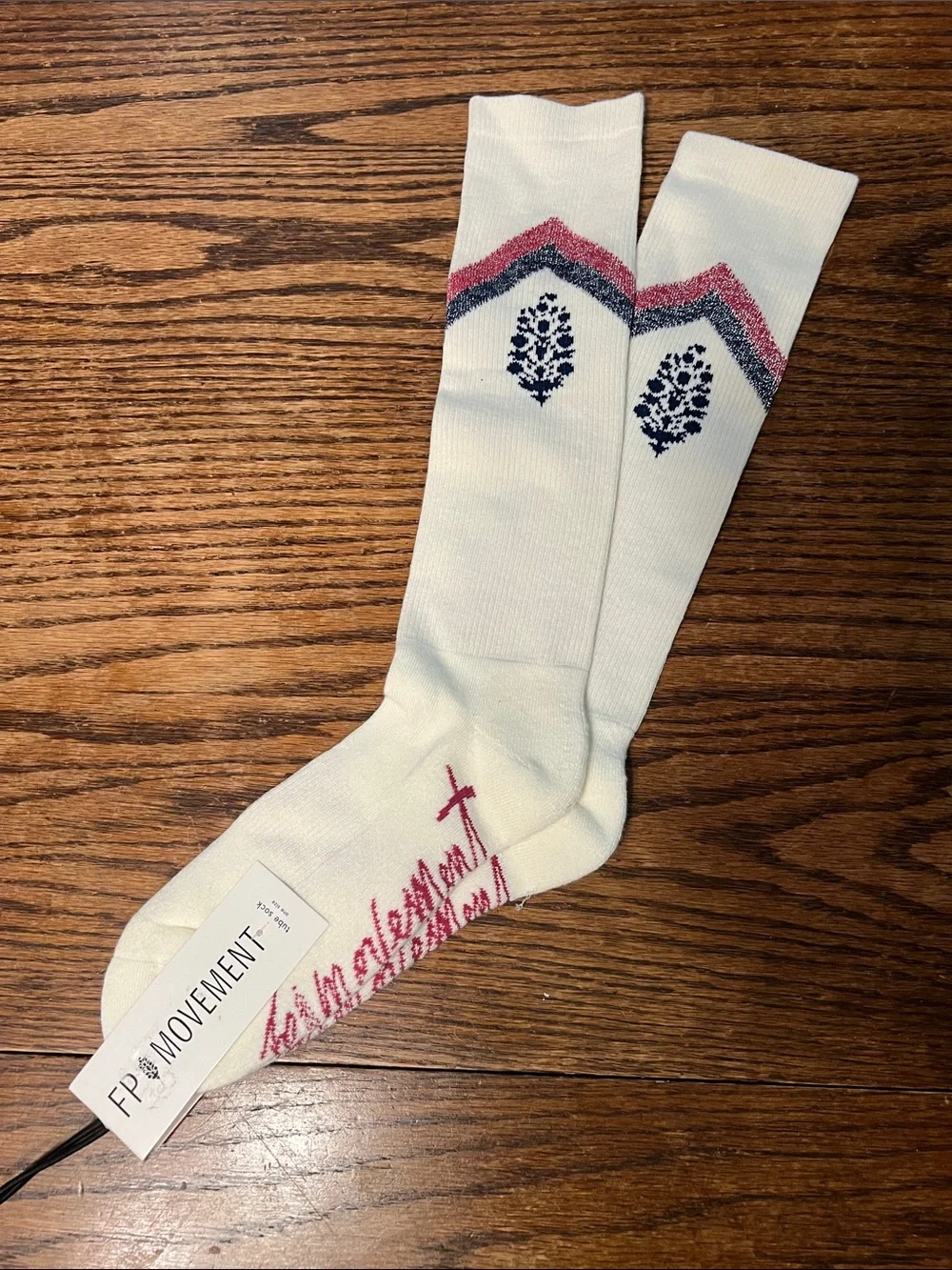 FP Movement by Free People White tube Socks with Pink Script & Navy Motif